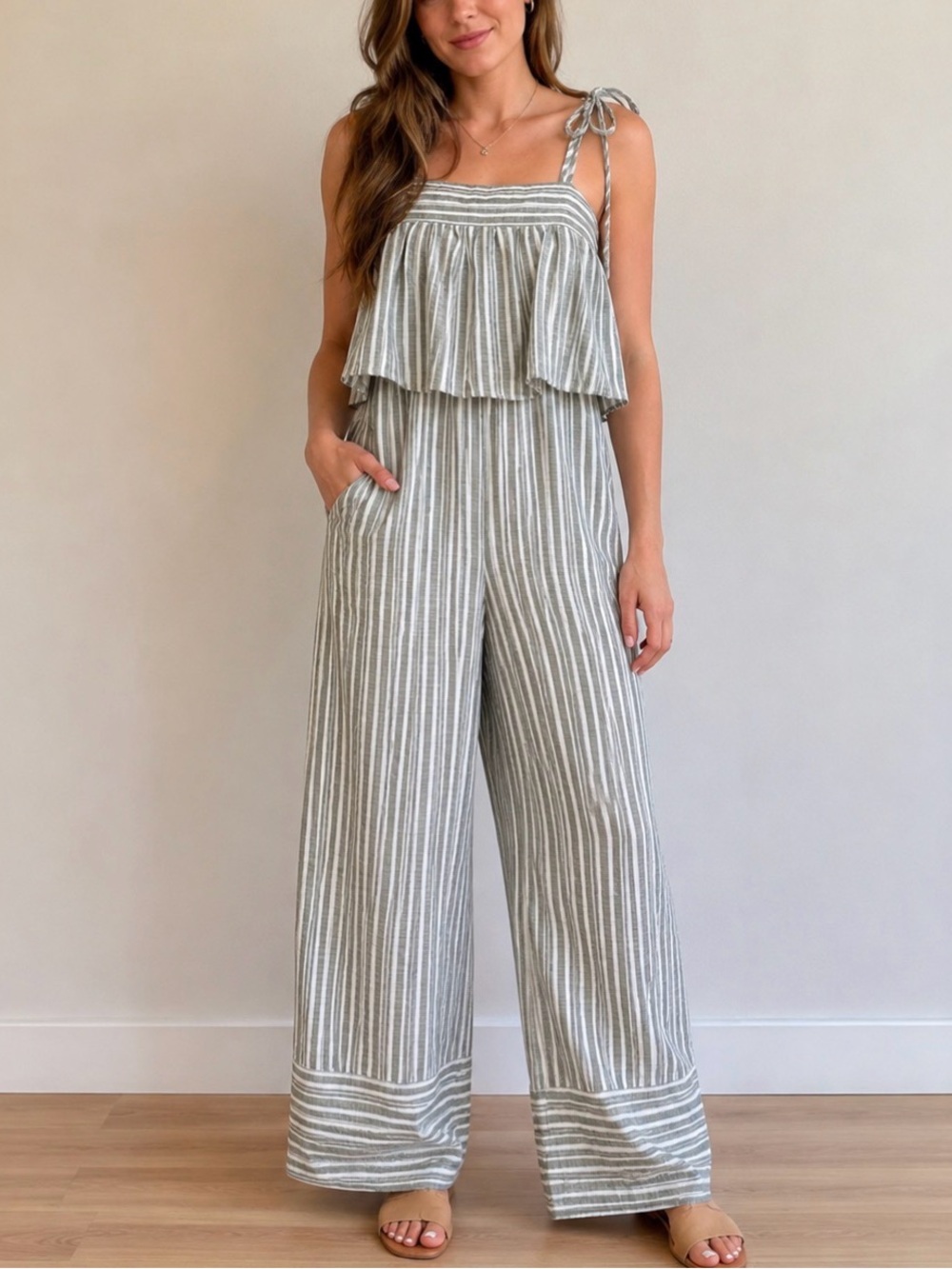 Striped Wide-Leg Jumpsuit with Tie Straps - jade green/White